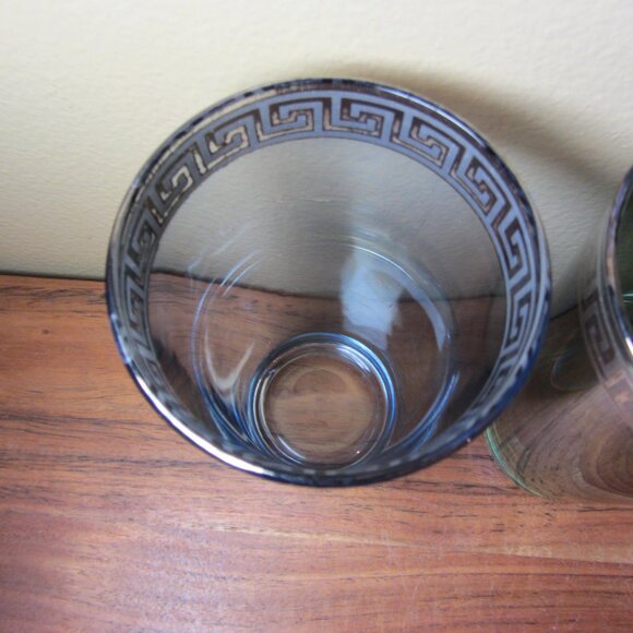 14 oz silver greek key rim lusterware blue green highball glasses (W4728)
